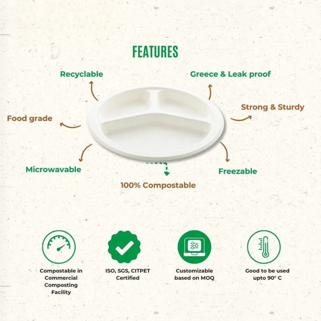 Bagasse 9 Inch 3 Compartment Round Plate By Biodegradable